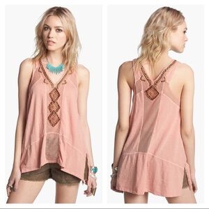 Free People Focus On Center Beaded Embroidered Boho Tank Tunic in Salmon